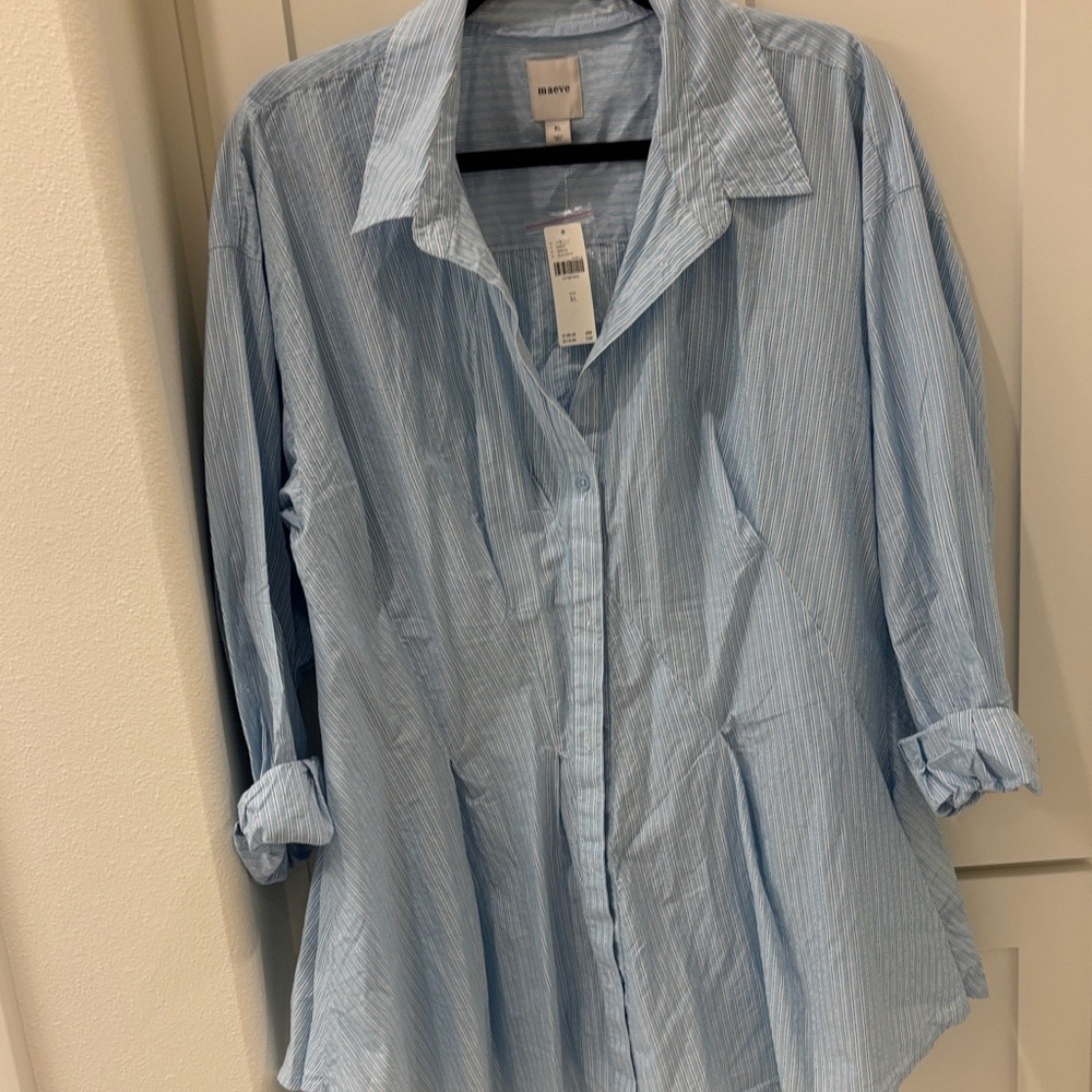 Maeve Anthropologie Light Blue Pinstripe Peplum Button-Down Shirt